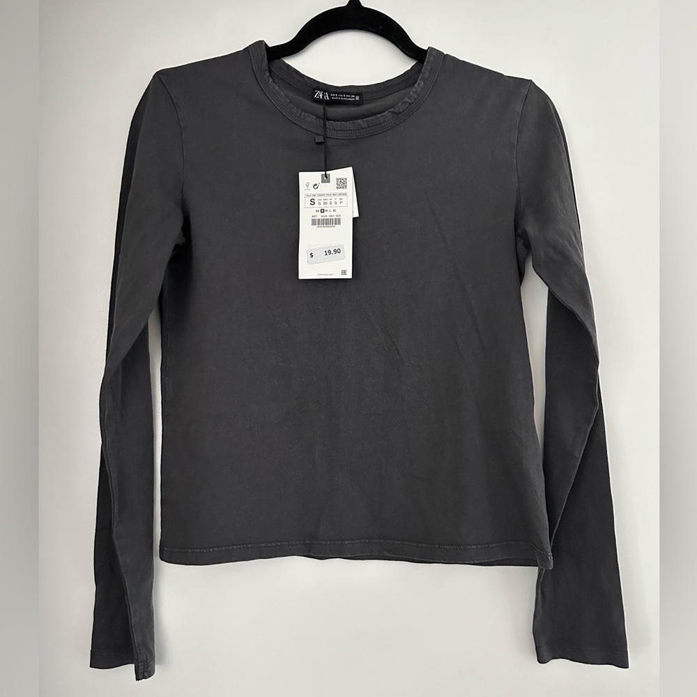 Zara Long Sleeve Scoop Neck Tee Washed Black Size S - NWT